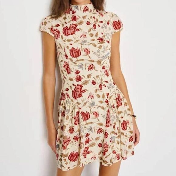 Reformation Dresses & Skirts - Reformation White Maven Mini Dress Floral Cap Sleeve Mock Neck Drop Waist 2